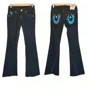 True Religion Joey Asymmetrical Seam Flare Jeans Dark Wash Blue Foil Accents